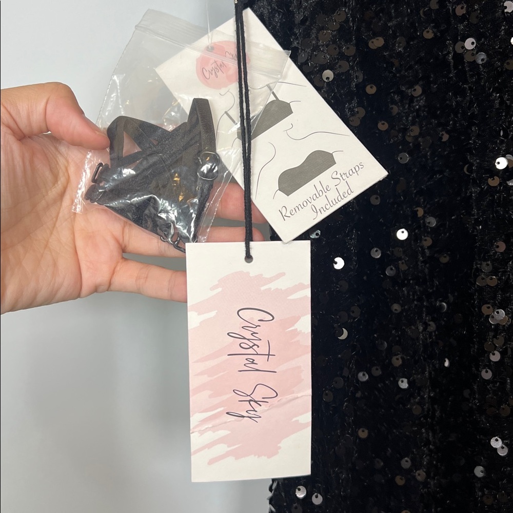 NWT Crystal Sky Women's Elegant Black Sequin Strapless Mini Dress Size Medium - Picture 7 of 10